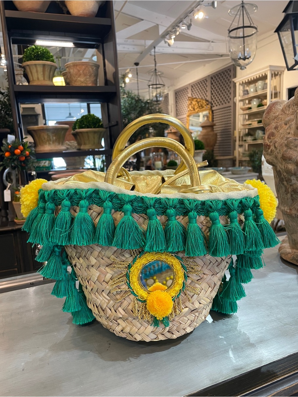 Tizzini x Authentic Provence Woven Straw Tassel Tote Bag in Green & Yellow, Ital